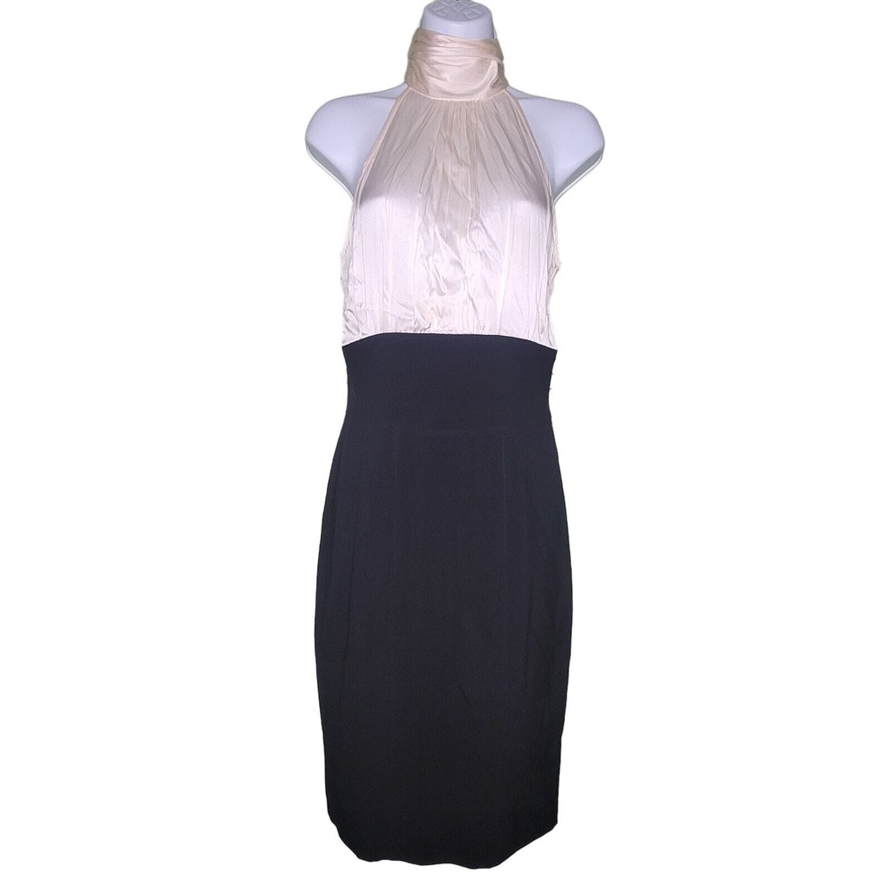 Cache Silk Blend Dress 4 Black Cream High Neck Sleeveless Sheath Button Back Y2K